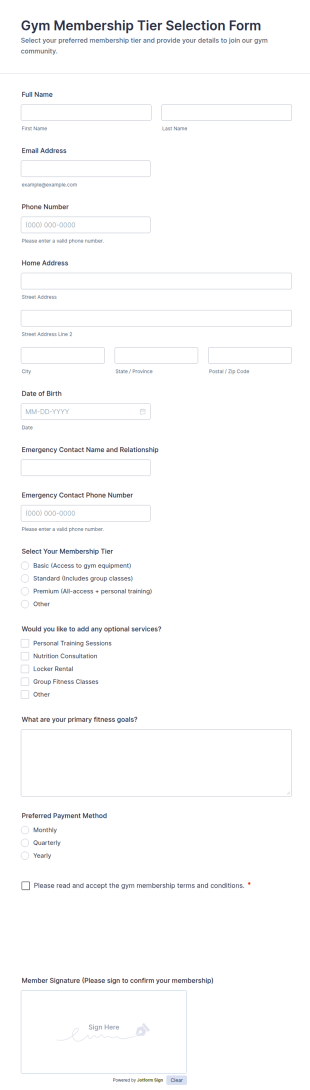 Gym Membership Tier Selection Form Template