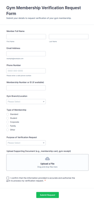 Gym Membership Verification Request Form Template