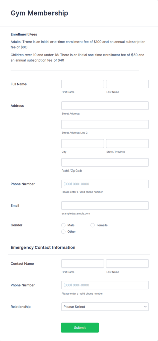 Gym Membership Form Template