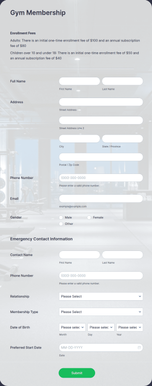Gym Membership Form Template
