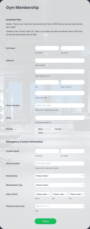 Gym Membership Form Template