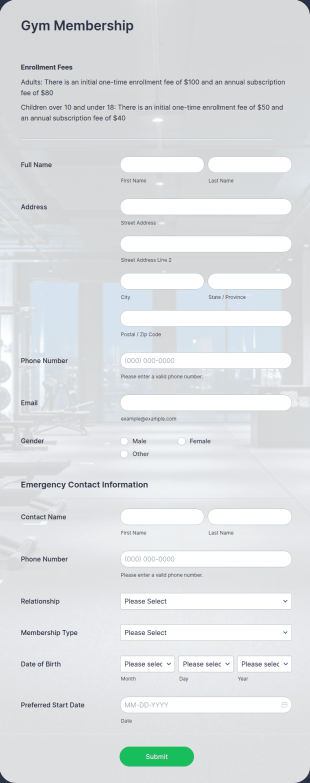 Gym Membership Form Template