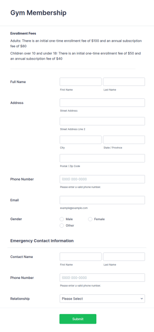 Gym Membership Form Template