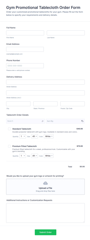 Gym Promotional Tablecloth Order Form Template
