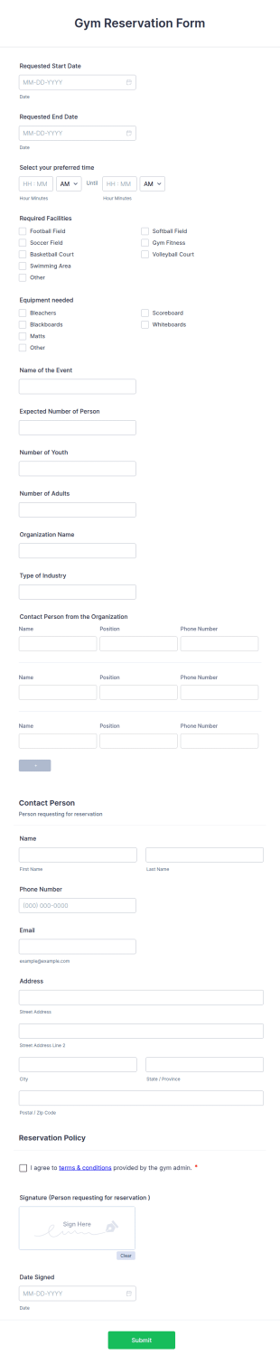 Gym Reservation Form Template
