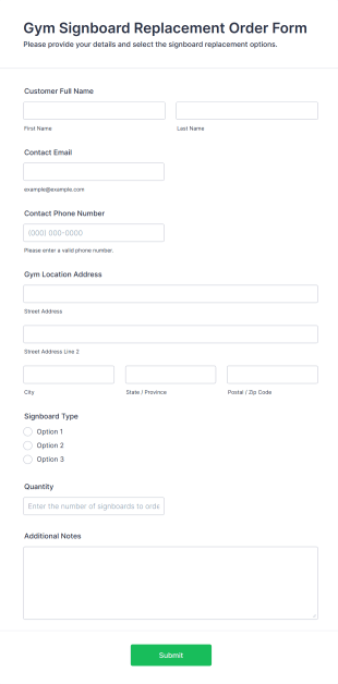 Gym Signboard Replacement Order Form Template