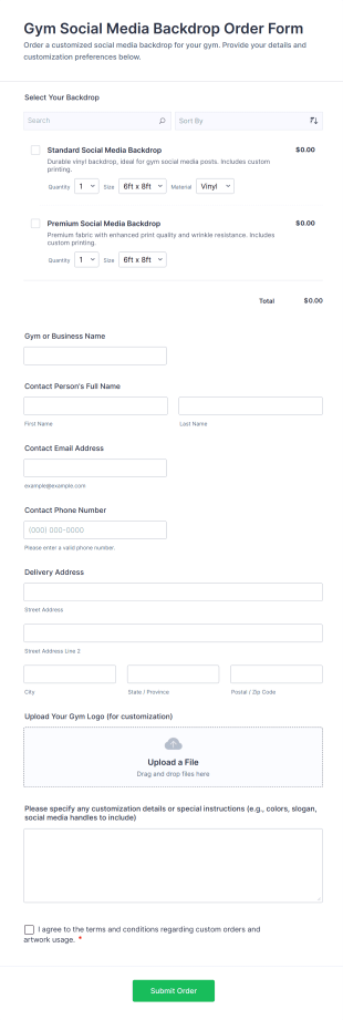 Gym Social Media Backdrop Order Form Template