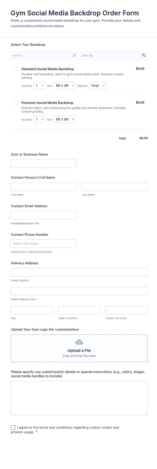 Gym Social Media Backdrop Order Form Template