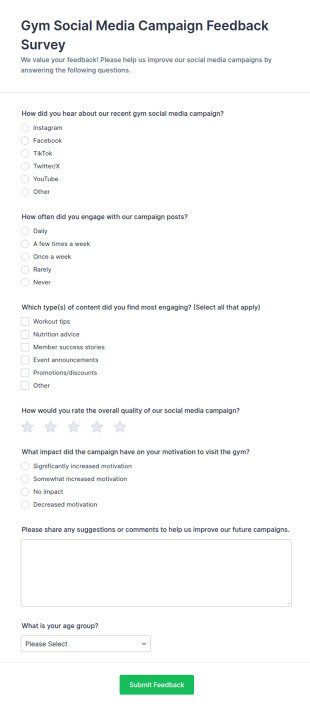 Gym Social Media Campaign Feedback Survey Form Template