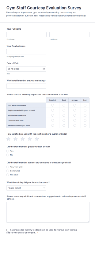 Gym Staff Courtesy Evaluation Survey Form Template