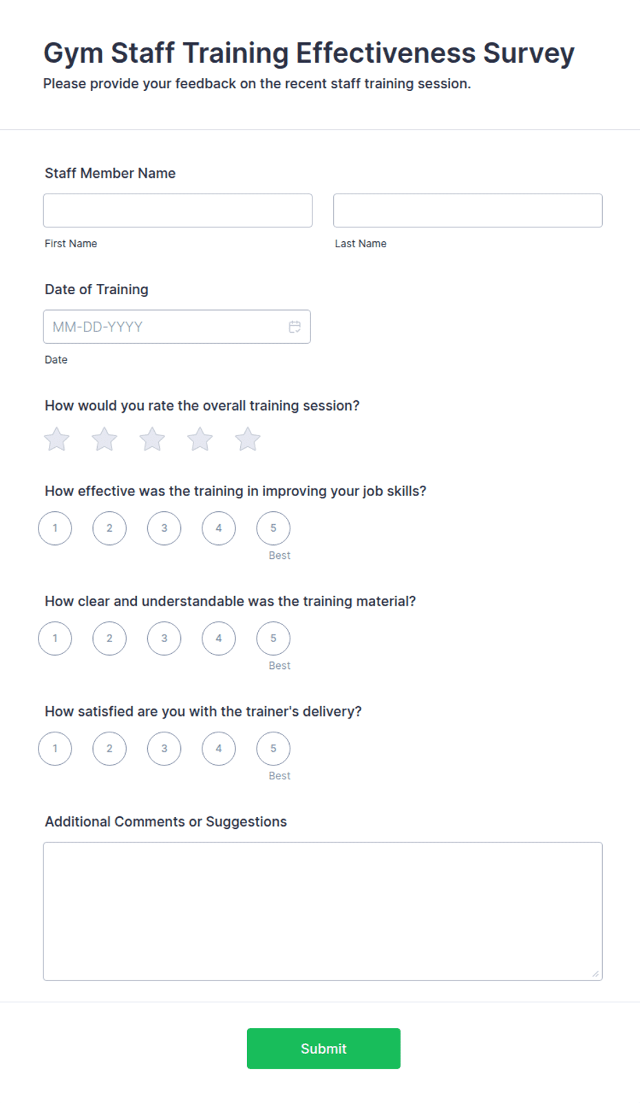Gym Interview Form Gym Staff Training Effectiveness Survey Form Template | Jotform