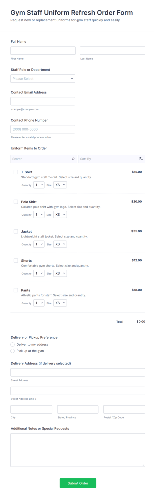 Gym Staff Uniform Refresh Order Form Template