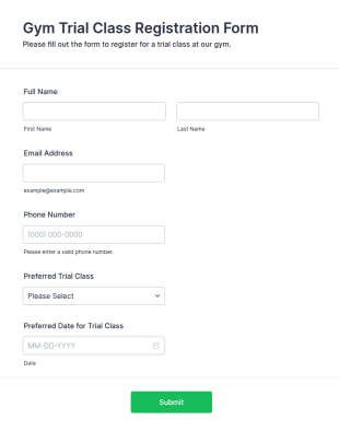 Gym Trial Class Registration Form Template