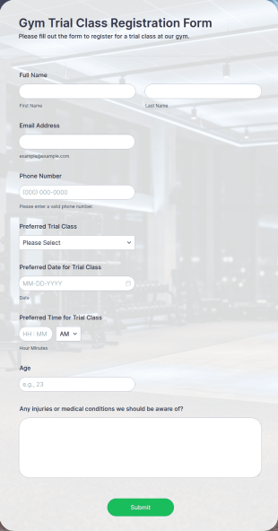 Gym Trial Class Registration Form Template