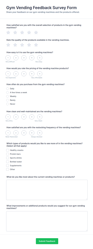 Gym Vending Feedback Survey Form Template