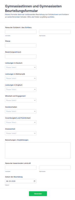 Gymnasiastinnen Und Gymnasiasten Beurteilungsformular