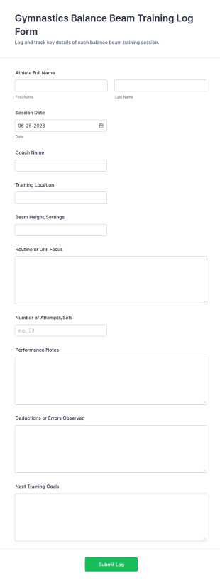 Gymnastics Balance Beam Training Log Form Template