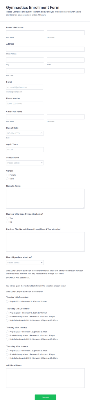 Gymnastics Enrollment Form Template