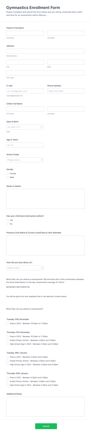 Gymnastics Enrollment Form Template