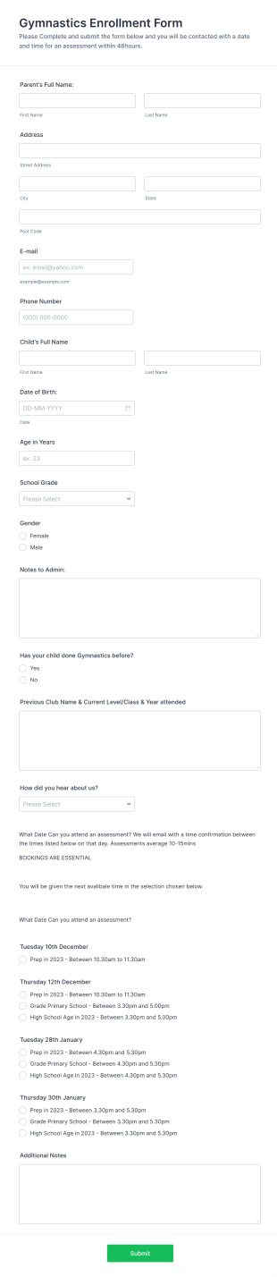 Gymnastics Enrollment Form Template