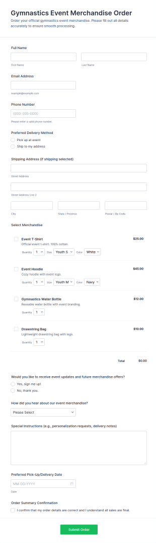 Gymnastics Event Merchandise Order Form Template