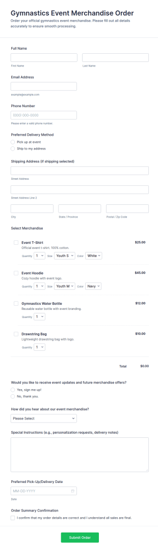 Gymnastics Event Merchandise Order Form Template