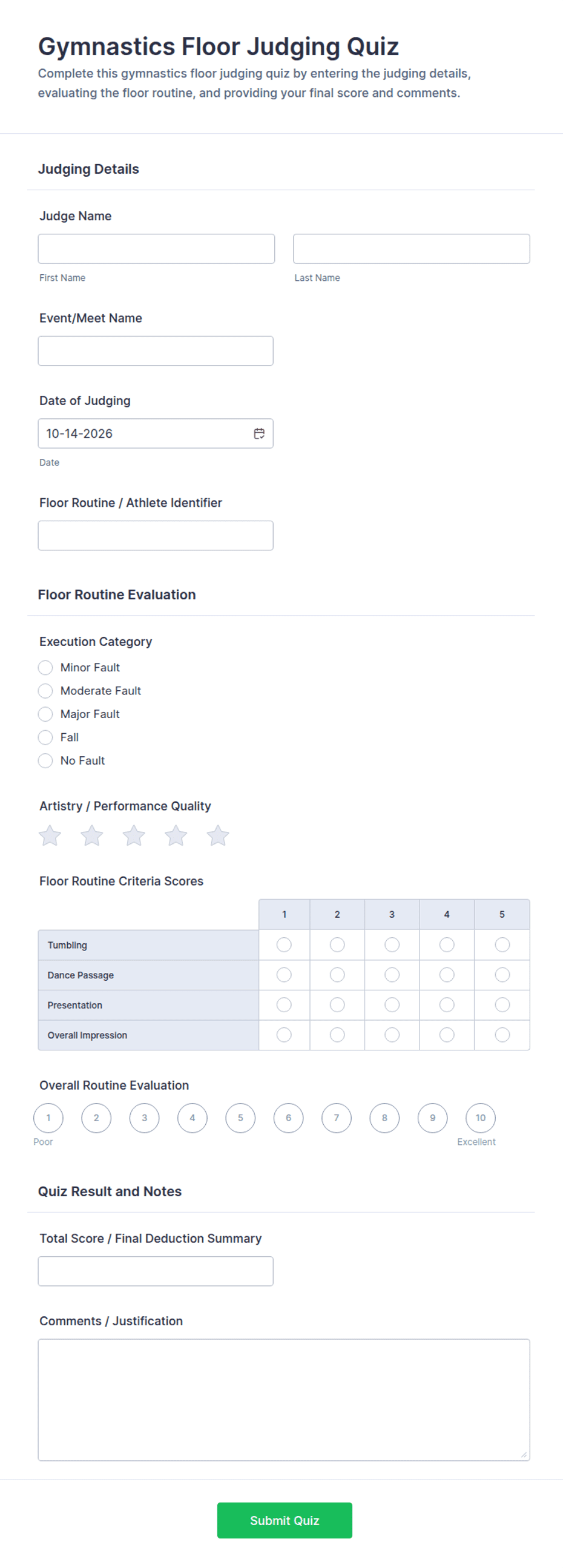 Gymnastics Floor Judging Quiz Form Template | Jotform