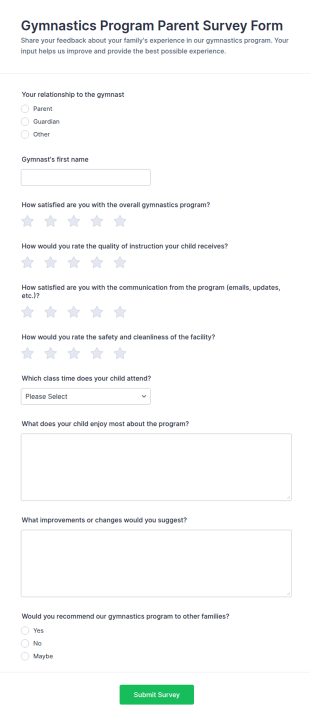 Gymnastics Program Parent Survey Form Template