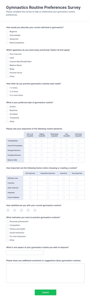 Gymnastics Routine Preferences Survey Form Template