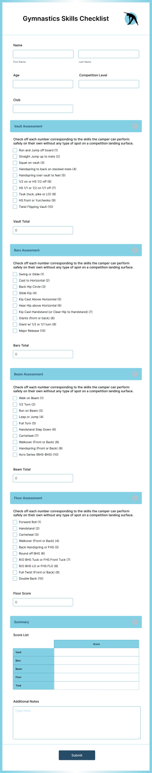 Gymnastics Skills Checklist Form Template