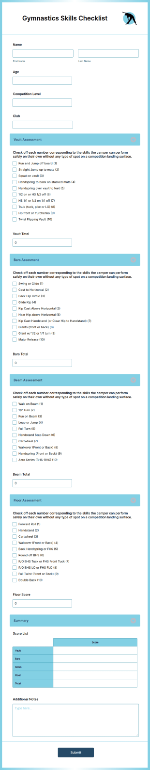 Gymnastics Skills Checklist Form Template