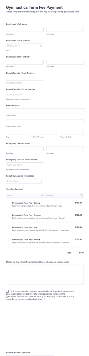 Gymnastics Term Fee Payment Form Template