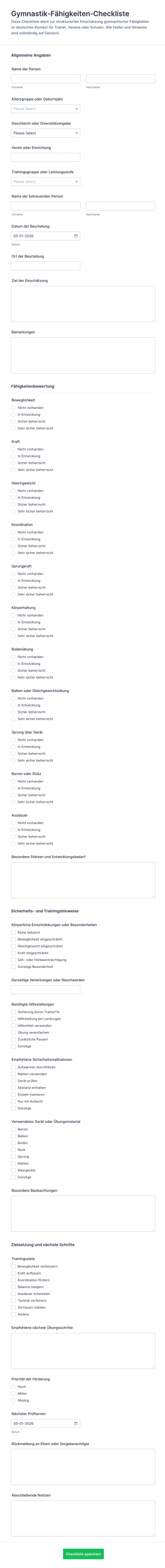 Gymnastikfähigkeiten Checkliste Umfrage