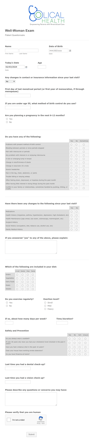 Gynaecology Questionnaire Form Template