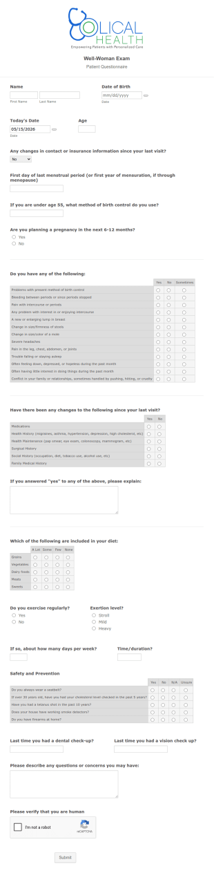 Gynaecology Questionnaire Form Template