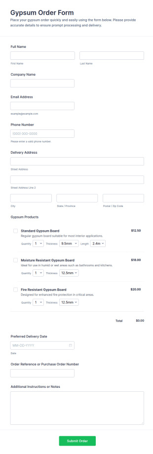 Gypsum Order Form Template