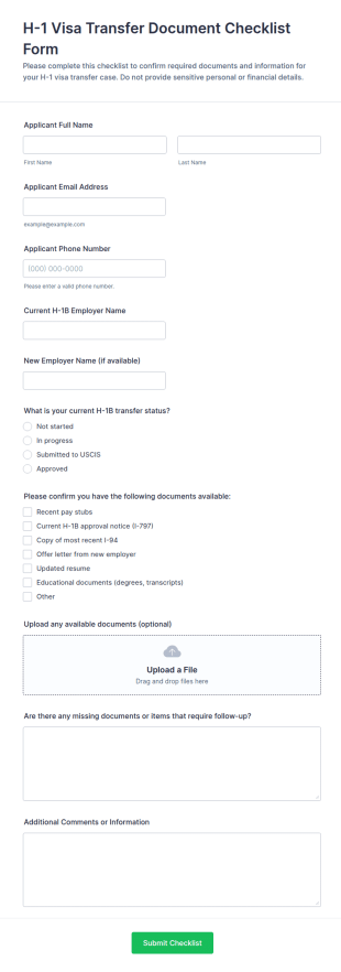 H 1 Visa Transfer Document Checklist Form Template