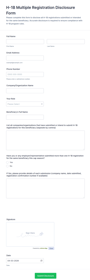 H 1B Multiple Registration Disclosure Form Template