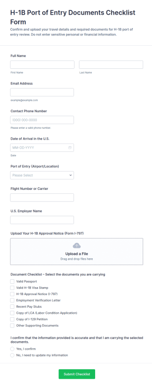H 1B Port Of Entry Documents Checklist Form Template