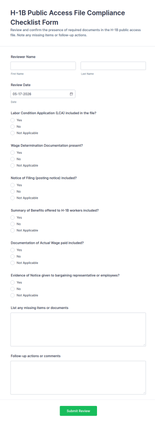 H 1B Public Access File Compliance Checklist Form Template