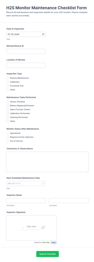 H2S Monitor Maintenance Checklist Form Template
