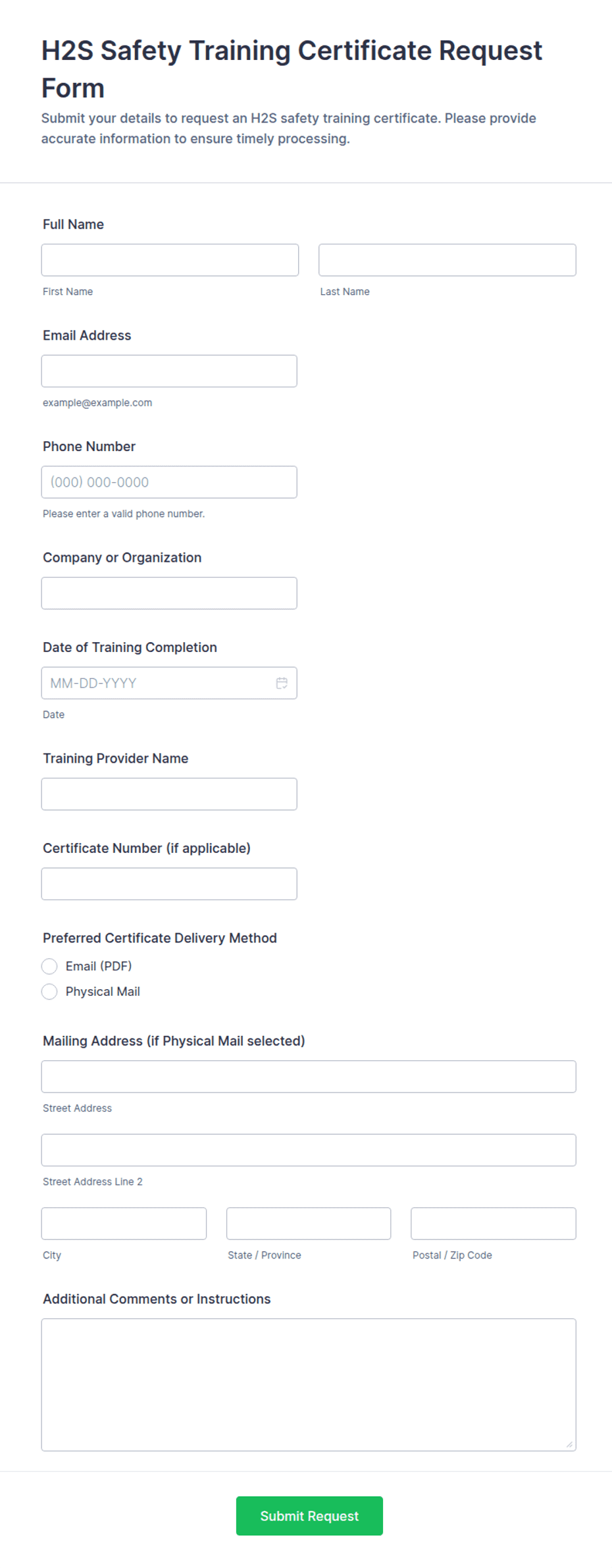 Cert Request Form Example H2S Safety Training Certificate Request Form Template | Jotform