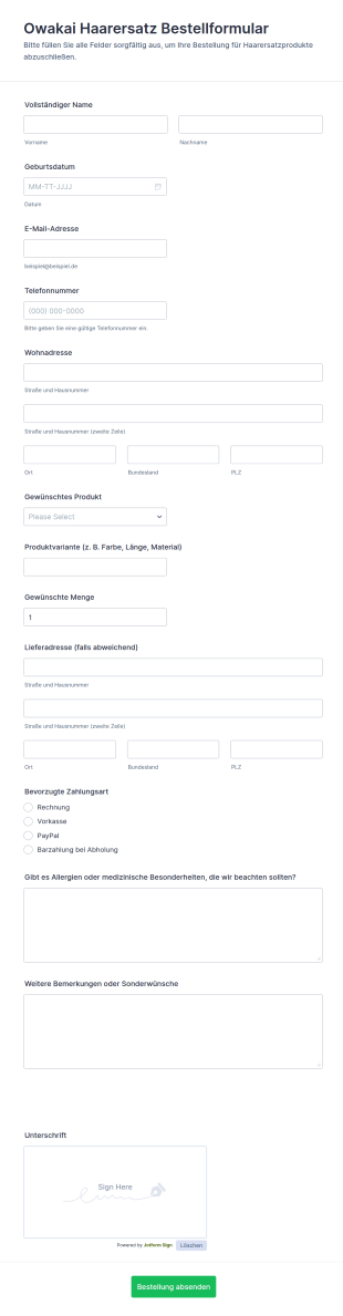 Haarersatz Bestellformular