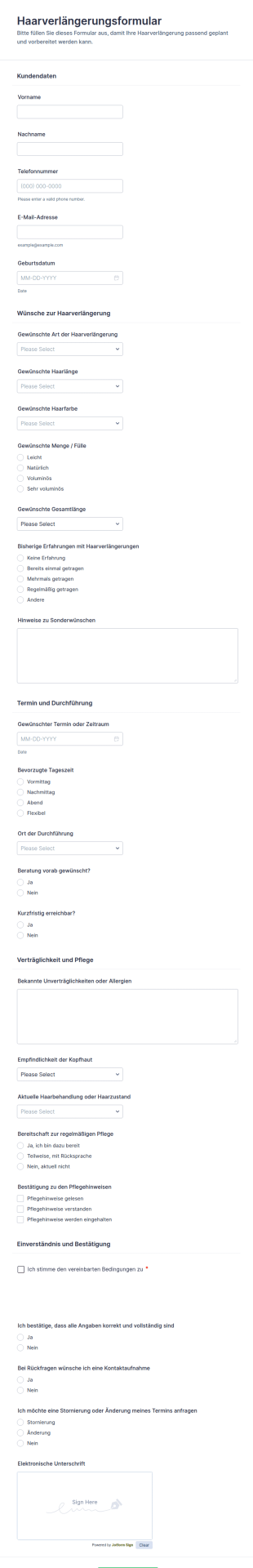 Haarextensions Vereinbarungsformular