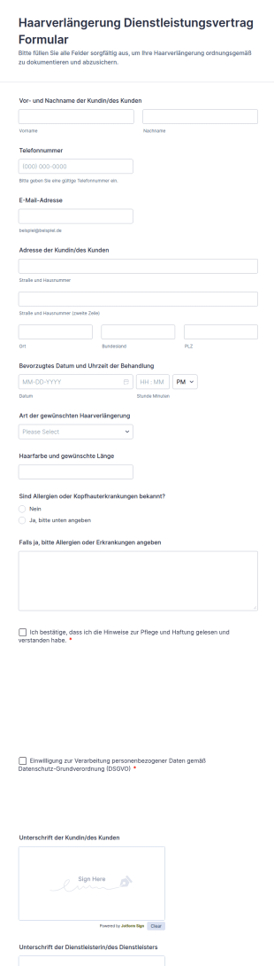 Haarverlängerung Dienstleistungsvertrag Formular