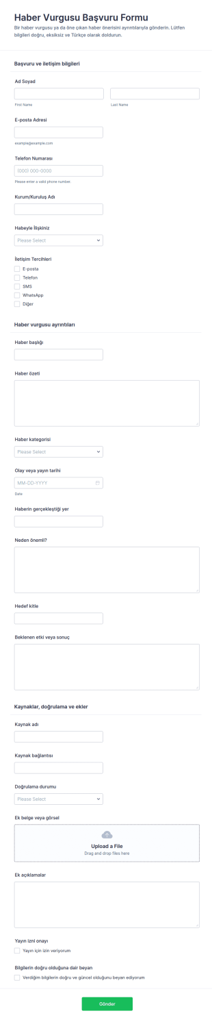 Haber Öne Çıkarma Gönderim Form Şablonu