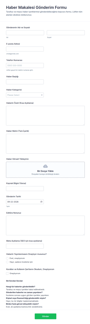 Haber Yazısı Gönderim Form Şablonu