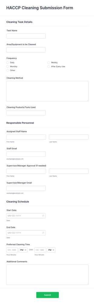 HACCP Cleaning Submission Form Template