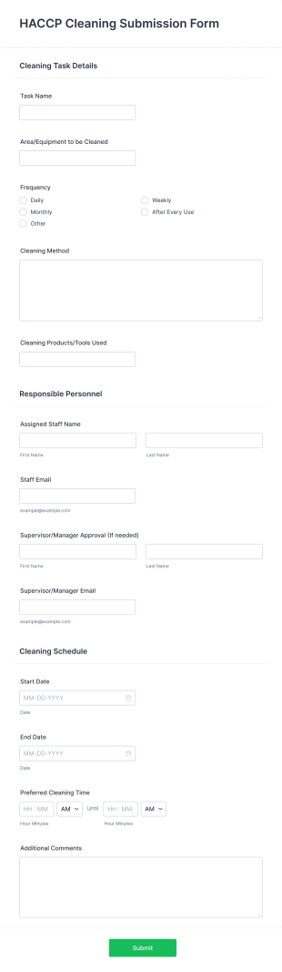 HACCP Cleaning Submission Form Template
