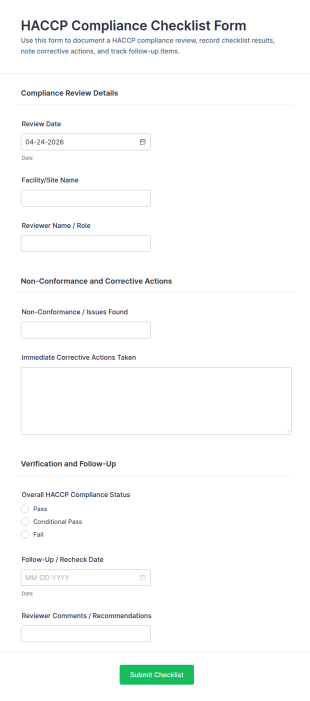 HACCP Compliance Checklist Form Template